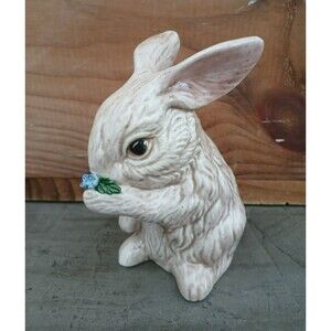 Glazed Ceramic Bunny Rabbit Figurine Smelling Flowers Easter Decor Vintage 4.5